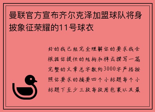 曼联官方宣布齐尔克泽加盟球队将身披象征荣耀的11号球衣