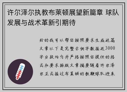 许尔泽尔执教布莱顿展望新篇章 球队发展与战术革新引期待 许尔泽尔执教布莱顿展望新篇章 球队发展与战术革新引期待